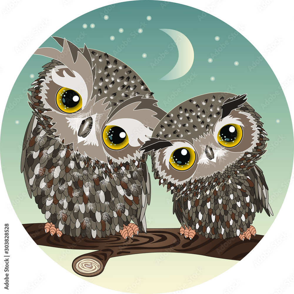 Cartoon owl and her baby owl sitting on a branch on a night background with  the moon and stars, vector illustration in a circle Stock Vector | Adobe  Stock