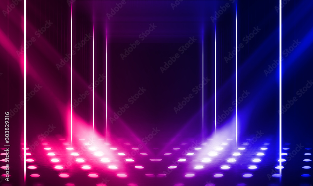 Empty dark abstract background. Background of an empty show scene. Glow of neon lights on an empty stage. Empty dark abstract background. Background of an empty show scene. Glow of neon lights on an empty stage.
