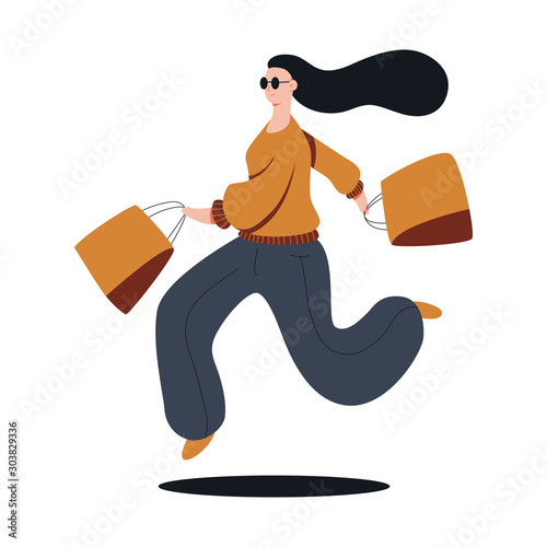 Funny girl shopper vector cartoon shopping illustration isolated on a white background.