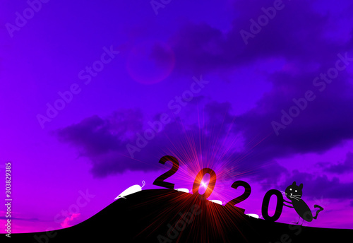 Silhouette happy new year. Concept welcome new year 2020 rat year zodiac.