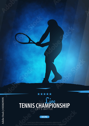 Tennis Championship banner or poster, design with player and racquet. Vector illustration.