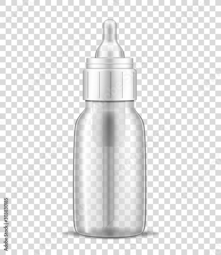 Clear empty baby bottle with silicone nipple on transparent background, realistic vector mockup