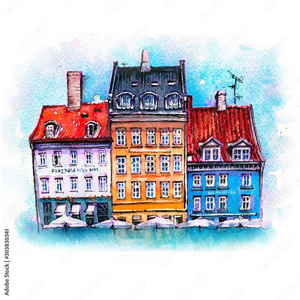 Ταπετσαρία Watercolor sketch of colorful facades of old houses on Nyhavn harbour in the Old Town of Copenhagen, capital of Denmark