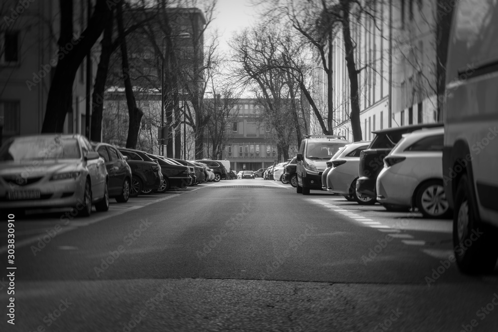 Street of the city with cars black-white photo