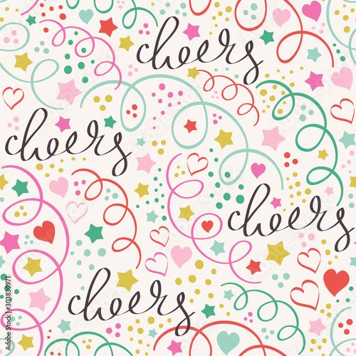 New Year's background. Seamless vector pattern with confetti, streamers and hearts.