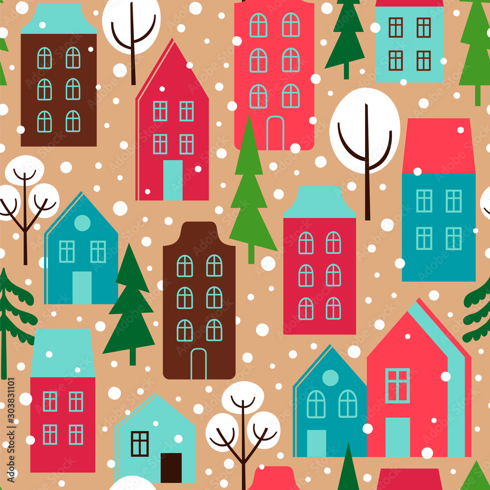 Seamless pattern with winter city. Vector background with houses and trees.