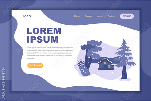 Vector illustration, Winter cartoon mountains landscape with house and trees. New year's theme on the landing page template.