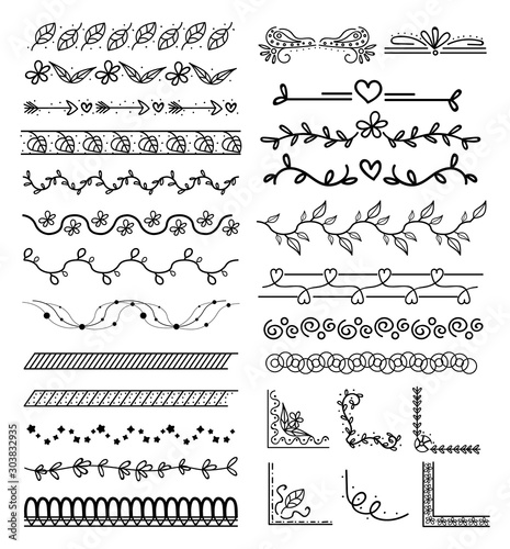 Set of floral hand drawn border. 