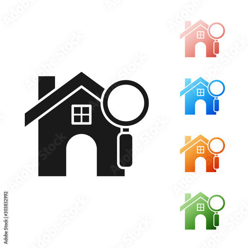 Black Search house icon isolated on white background. Real estate symbol of a house under magnifying glass. Set icons colorful. Vector Illustration