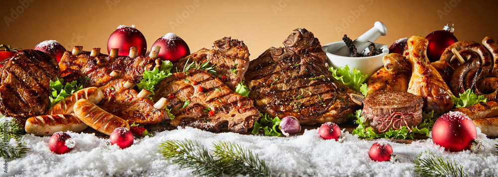 Grilled meat in winter holiday banner - obrazy, fototapety, plakaty 