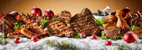 Grilled meat in winter holiday banner