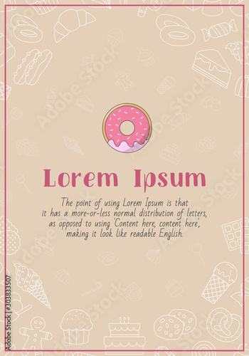 Candy card with text and vector outline illustrations of sweet food for graphic design