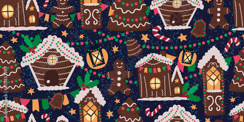 Vector seamless pattern with gingerbread houses. Endless background with traditional Christmas objects and symbols. Colorful holiday design for wallpaper, paper wrap, fabric, textile, surfaces.