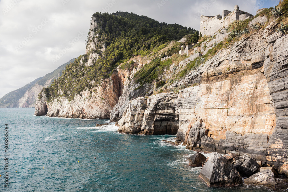 View on Grotta di Lord Byron, coast with rock cliff in Portovenere, Ligurian sea, Riviera di Levante, National park Cinque Terre, La Spezia, Liguria, Italy