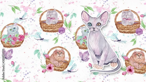 Abstract background with hand drawn watercolor cats and flowers. Seamless looping 4K footage. 