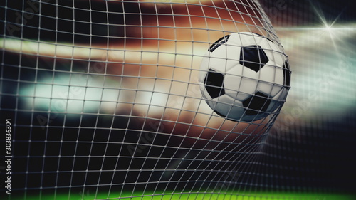 Slow motion of a soccer ball flying into the net. 3D animation closeup sports concept. 3d rendering