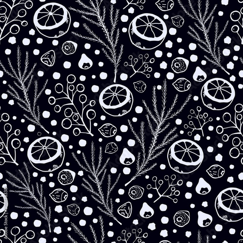 Seamless pattern with cut orange, nuts, berries, spruce branches and snowflakes. Hand drawn outline style. Christmas or new year vector illustration for wrapping paper, textile print.