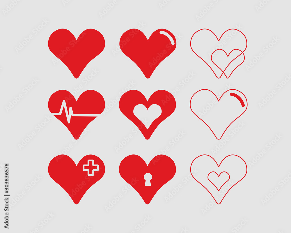 Red hearts vector illustrations set medical style