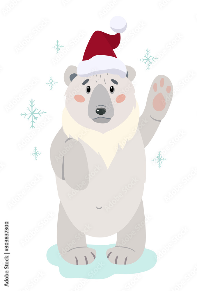 Christmas postcard with cute polar bear in red Santa Claus hat. vector illustration background