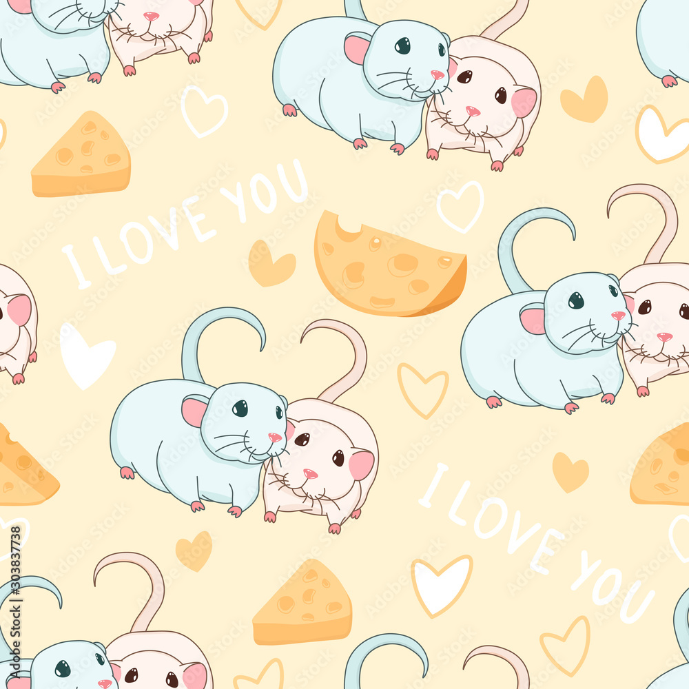 two cute lovely rats with cheese and hearts valentines greeting seamless pattern, i love you slogan, editable vector illustration for paper, fabric, textile, decoration two cute lovely rats with cheese and hearts valentines greeting seamless pattern, i love you slogan, editable vector illustration for paper, fabric, textile, decoration