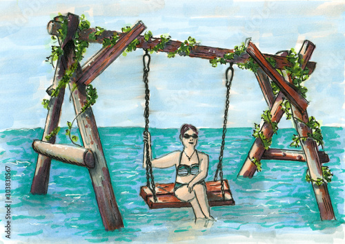 woman on swing in sea marker illustration