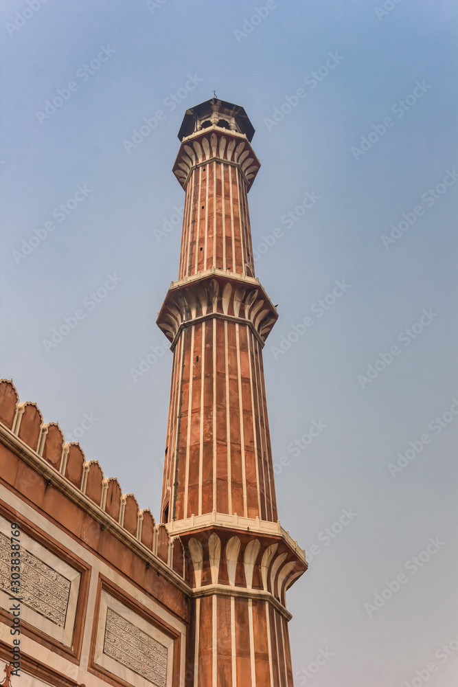 Minaret of the Jama Masjid mosque in New Delhi, India
