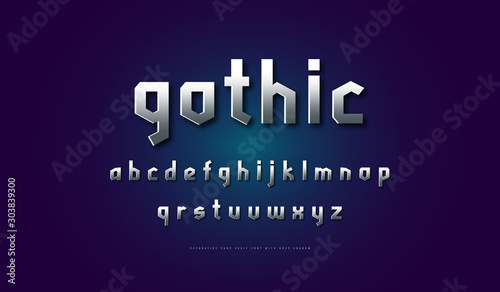 Silver colored and metal chrome geometric serif font
