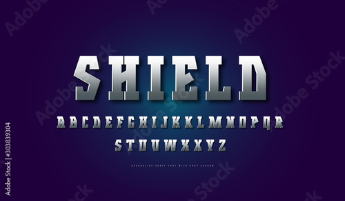 Silver colored and metal chrome geometric serif font