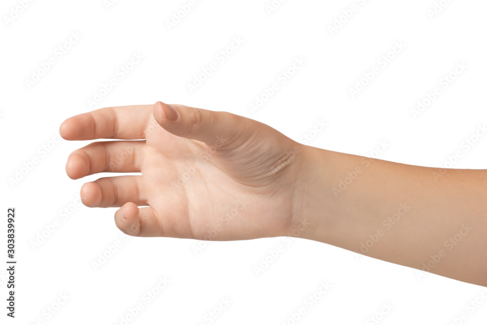 Beautiful female hand with a virtual gesture. Isolated on a white background. Beautiful female hand with a virtual gesture. Isolated on a white background.