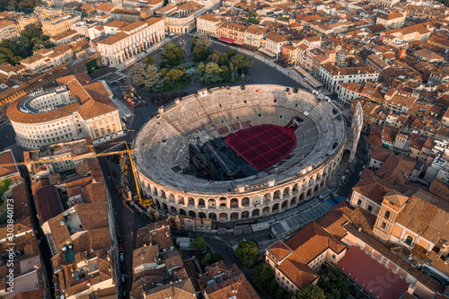 Aerial drone shot view of sunrise on ancient roman amphitheatre Verona Arena (Arena di Verona) in Verona, Italy