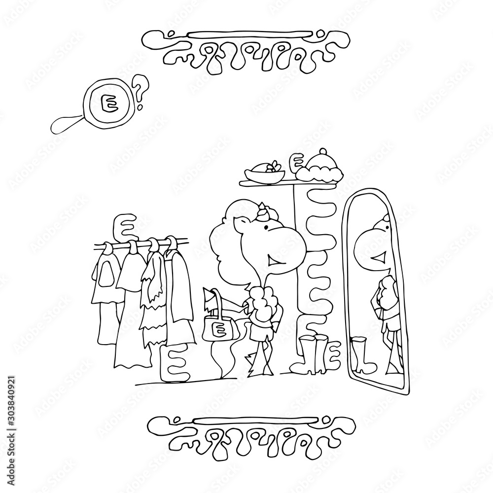 Find Letter E. Funny cartoon unicorn. Animals alphabet a Coloring page. Printable worksheet. Unicorns in a shop trying on clothes near a mirror.