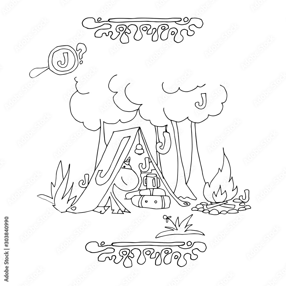 find letter j funny cartoon unicorn animals alphabet a coloring page printable worksheet unicorns resting in a tent in the woods stock vector adobe stock