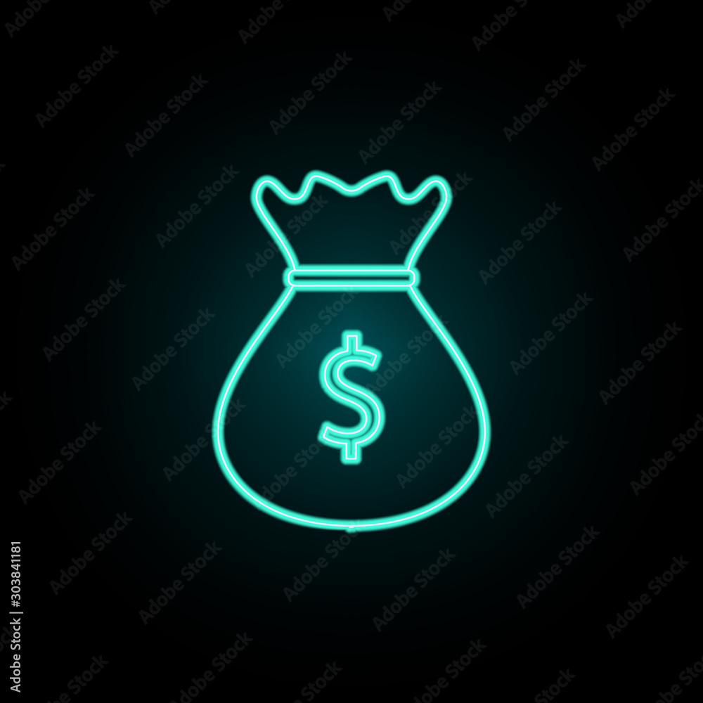 Money bag neon icon. Simple thin line, outline vector of banking icons for ui and ux, website or mobile application Money bag neon icon. Simple thin line, outline vector of banking icons for ui and ux, website or mobile application