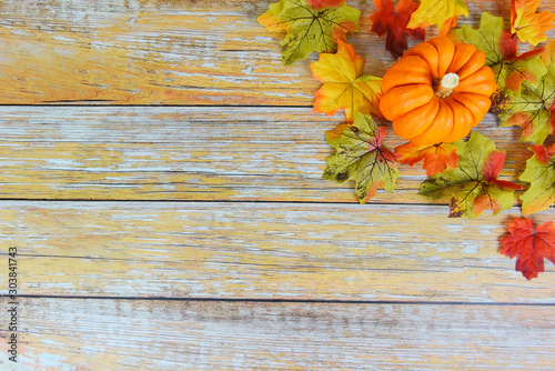 Autumn table setting with pumpkins holiday - Thanksgiving background frame autumn leaf decoration festive on wooden