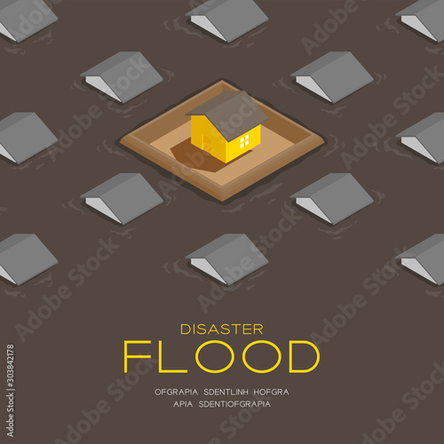 House living with barrage wall 3d isometric pattern, Flood disaster concept poster and social banner post square design illustration isolated on brown background with copy space, vector eps 10