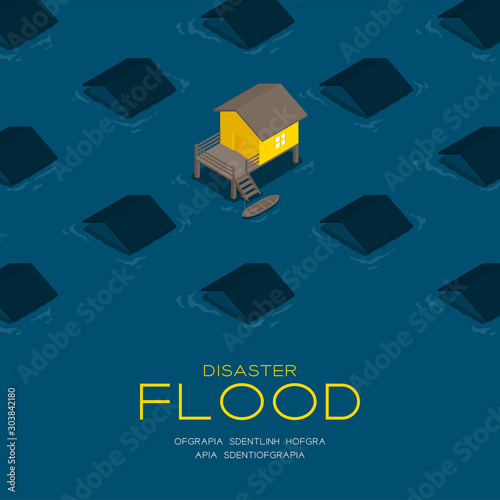 House living with boat 3d isometric pattern, Flood disaster concept poster and social banner post square design illustration isolated on blue background with copy space, vector eps 10
