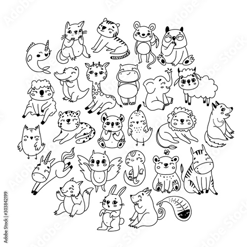 Wallpaper Mural animal doodle vector set. minimalism, symbols, silhouettes of animals from the zoo. cute faces for children. drawn by a line. lion, cat, fox, giraffe, owl, monkey, unicorn, hare. simple flat style Torontodigital.ca