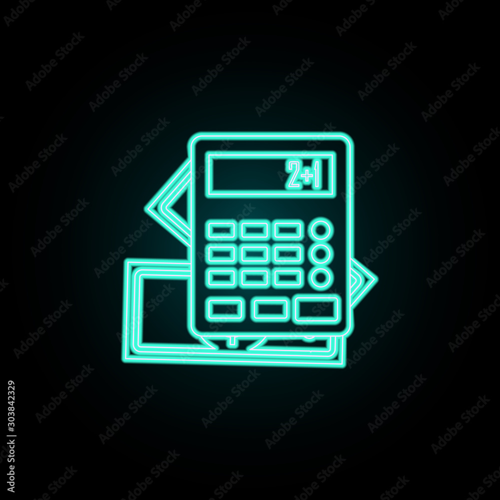 Money and calculator neon icon. Simple thin line, outline vector of banking icons for ui and ux, website or mobile application Money and calculator neon icon. Simple thin line, outline vector of banking icons for ui and ux, website or mobile application