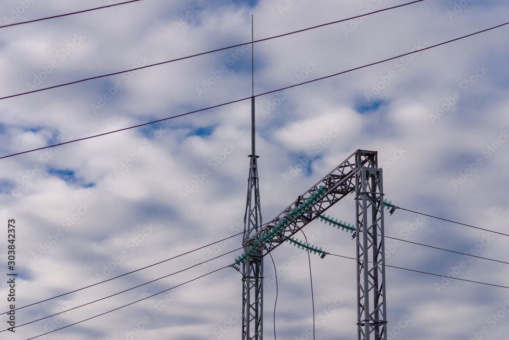 Fototapeta premium High Voltage Cables.Power station overcast cloudy day.power wires autumn day.Electric transformers.