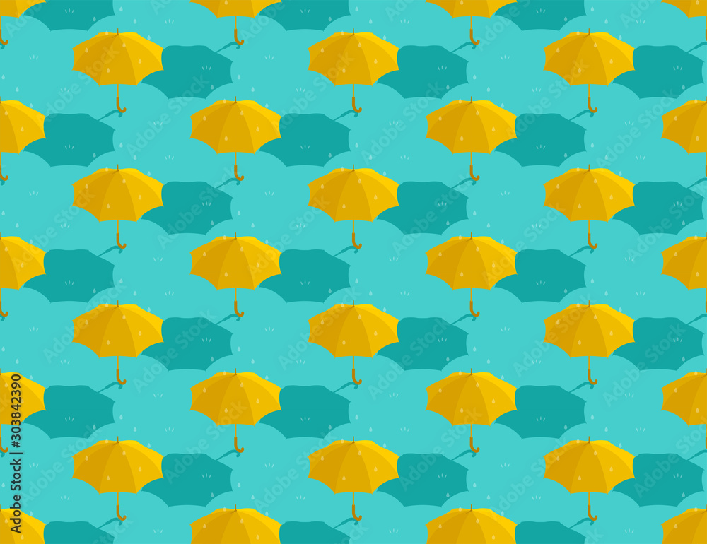 Umbrella yellow 3d isometric seamless pattern, Weather rainy season concept design illustration isolated on green background with copy space, vector eps 10