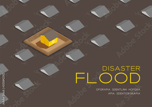 House living with barrage wall 3d isometric pattern, Flood disaster concept poster and social banner post horizontal design illustration isolated on brown background with copy space, vector eps 10