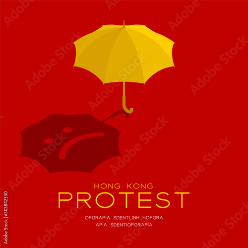 Yellow umbrella with sad emoticon shadow 3d isometric pattern, Hong Kong protest extradition legal problem poster and social banner post square design illustration isolated on red background, vector