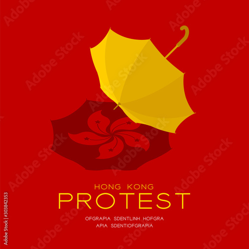 Yellow umbrella with shadow 3d isometric pattern, Hong Kong protest extradition legal problem concept poster and social banner post square design illustration isolated on red background, vector