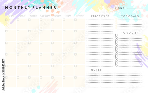 Vector monthly planner template with hand drawn shapes and textures in pastel colors.Organizer with place for goals,to do list,priorities and notes.Trendy minimalistic style.Abstract modern design.