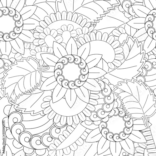 Set of seamless with openwork flowers in black and white color flower patterns on black backgrounds, sample for fabric and print papern photo