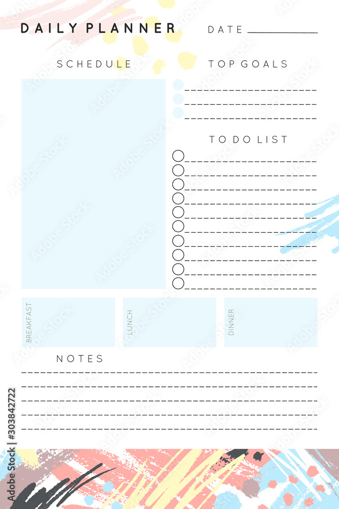 Vettoriale Stock Printable Daily planner, organizer. Hand-drawn notes, to  do list. Time management planning sheets. Positive stationery organizers.  Hippie vibrant, retro style background