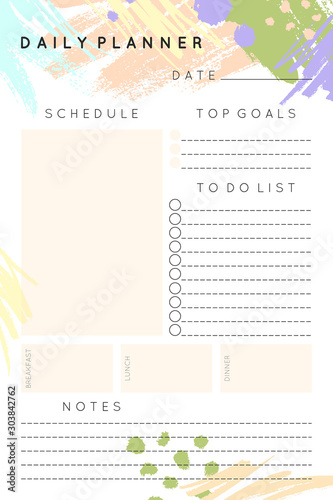 Vector daily planner template with hand drawn shapes and textures in pastel colors.Organizer and schedule with place for notes and to do list.Trendy minimalistic style.Abstract modern design.