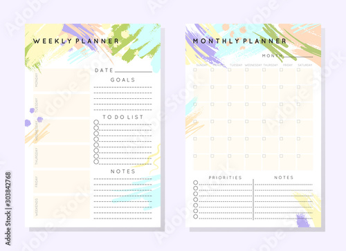 Vector planner templates with hand drawn shapes and textures in pastel colors.Organizer and schedule with place for notes,goals and to do list.Trendy minimalistic style.Abstract modern design.