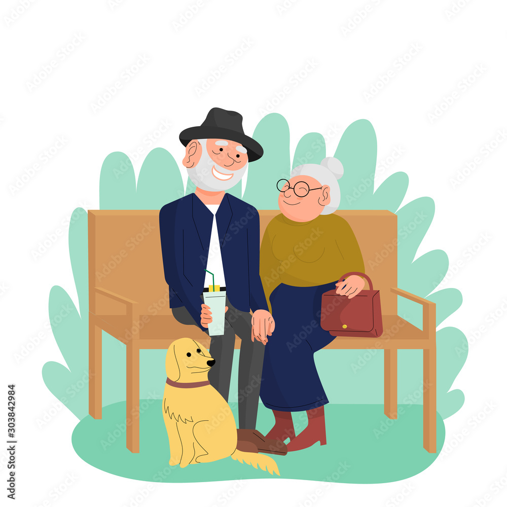 Fototapeta premium Caucasian old married couple with dog are sitting on bench in park, happy elderly people enjoying outdoors. White background. Flat style stock vector.