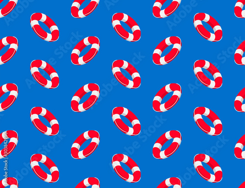 Lifebuoy or Life ring 3D isometric seamless pattern, Rescue equipment concept design illustration isolated on blue background with copy space, vector eps 10